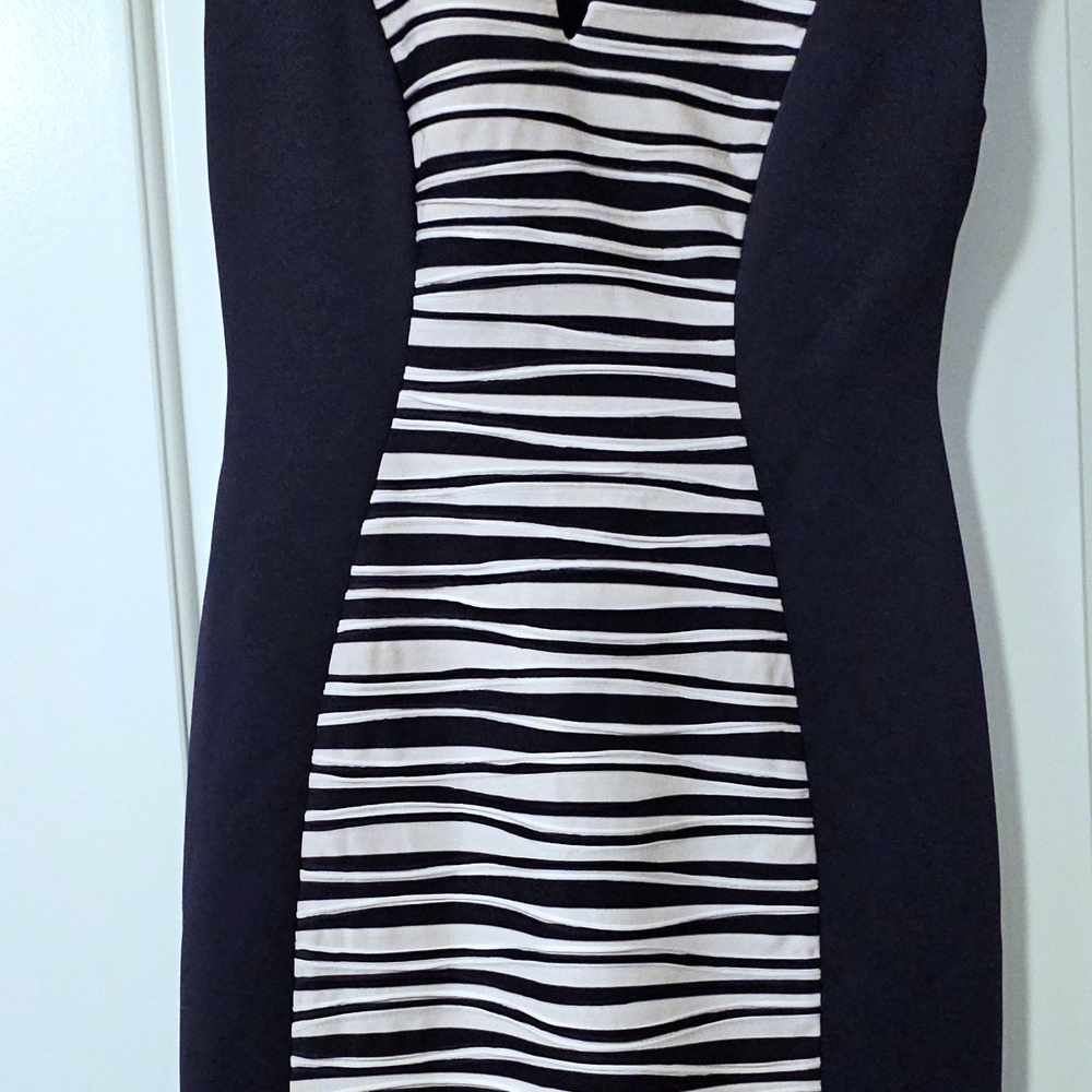 Connected Apparel Blue and Tan Striped Dress